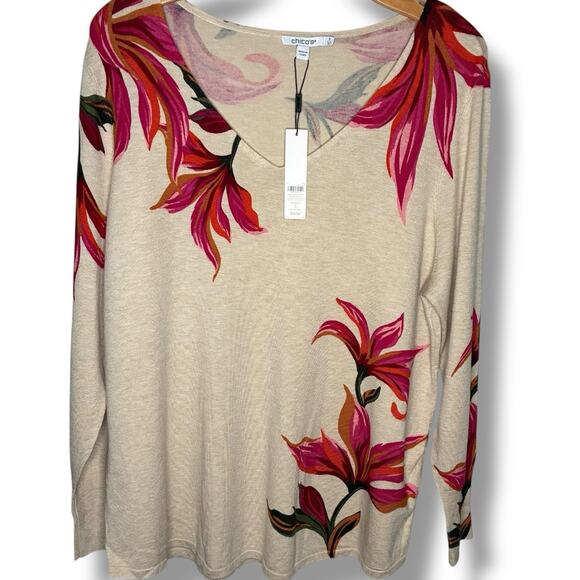 Chico's Pullover Sweater NWT Size 3 (XL) Lily V-Neck Hawaiian Autumn Blossom - Picture 2 of 7